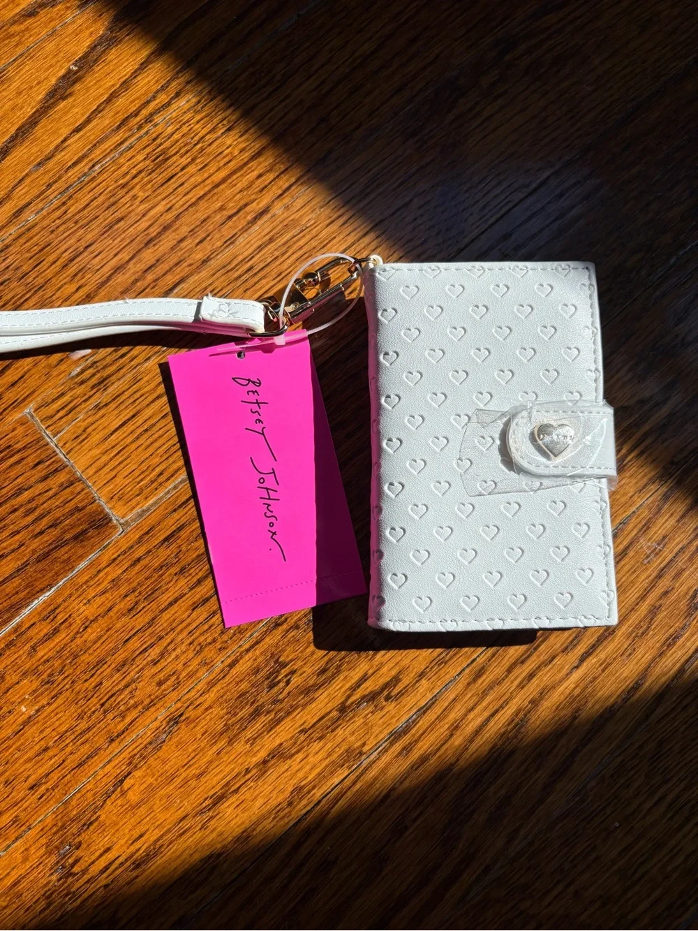 Betsey Johnson White Heart-Embossed Wristlet Phone Wallet
